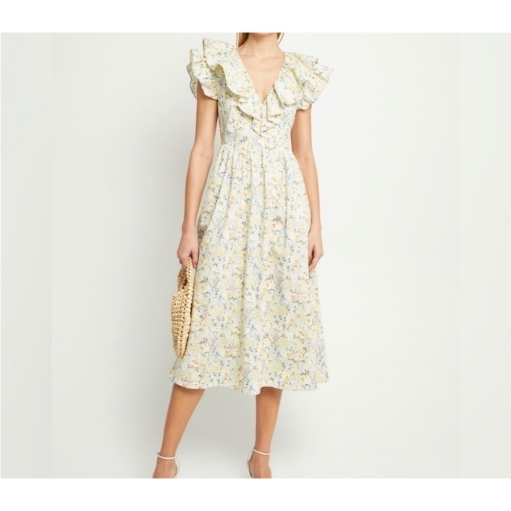 O.P.T Kate Floral Ruffle Midi Dress‎ Women Yellow Large Cotton Pockets V-Neck